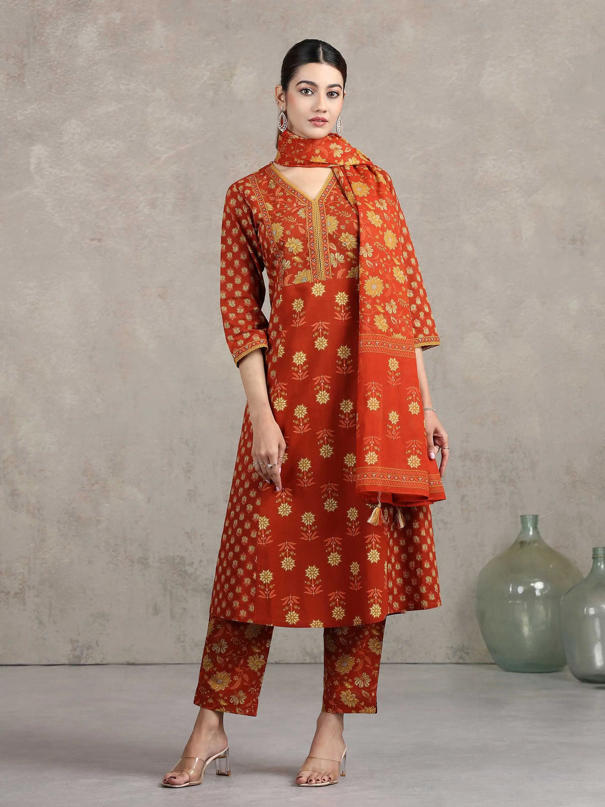 Rust Printed A-Line Ethnic Set