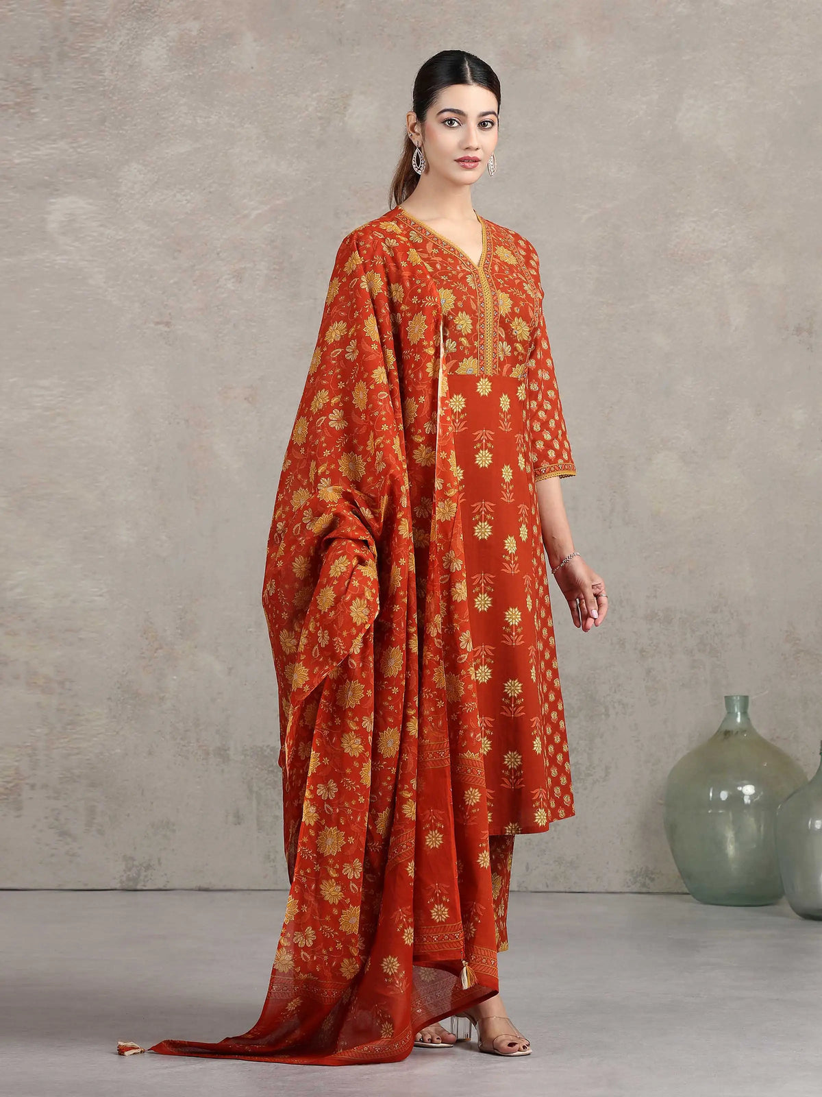 Rust Printed A-Line Ethnic Set