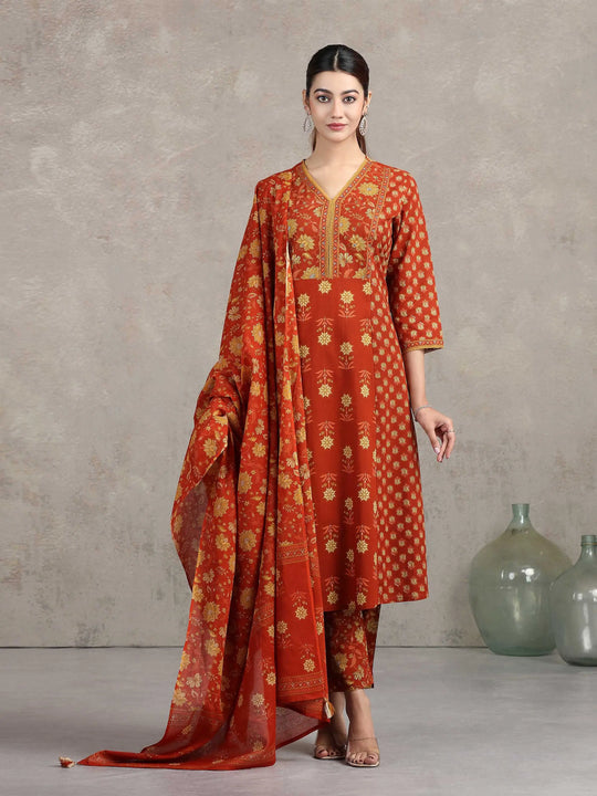 Rust Printed A-Line Ethnic Set
