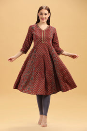 Rust Printed Cotton A Line Kurta