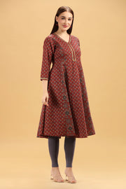 Rust Printed Cotton A Line Kurta