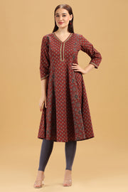 Rust Printed Cotton A Line Kurta