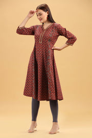 Rust Printed Cotton A Line Kurta
