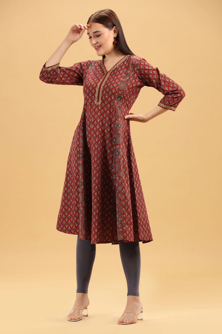 Rust Printed Cotton A Line Kurta