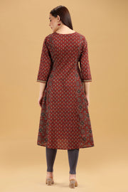 Rust Printed Cotton A Line Kurta