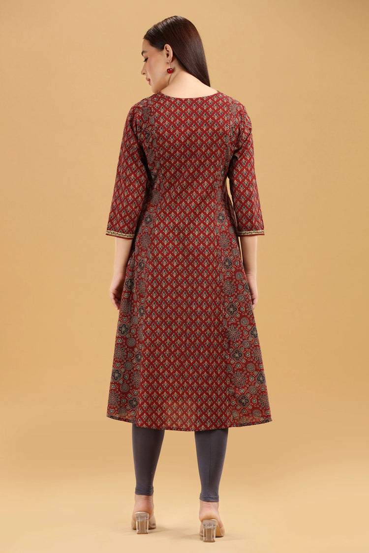 Rust Printed Cotton A Line Kurta