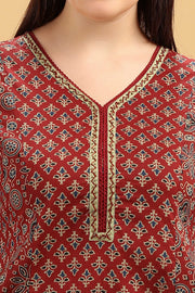 Rust Printed Cotton A Line Kurta