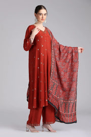 Rust Santoon Embroidered Flared Kurta Pant and Dupatta Suit Set