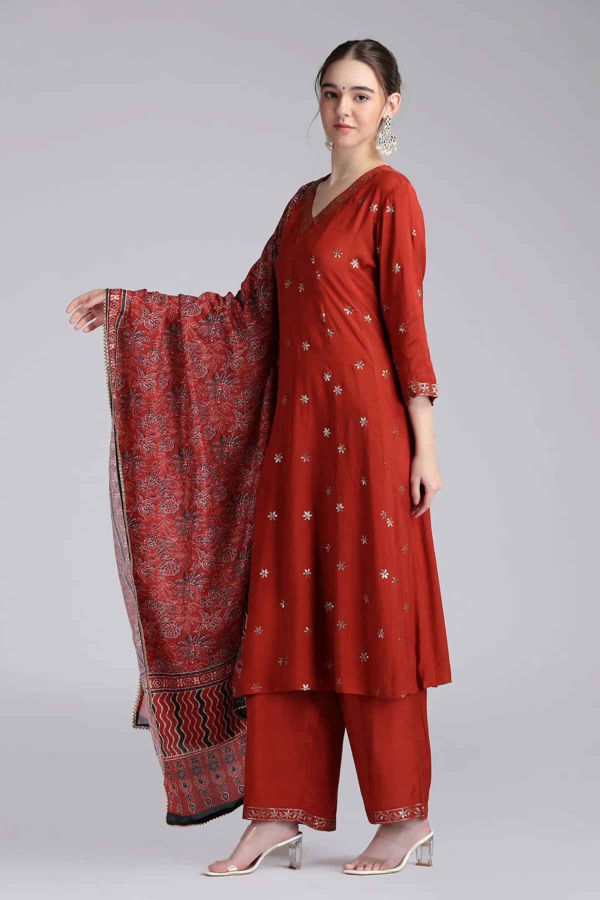 Rust Santoon Embroidered Flared Kurta Pant and Dupatta Suit Set
