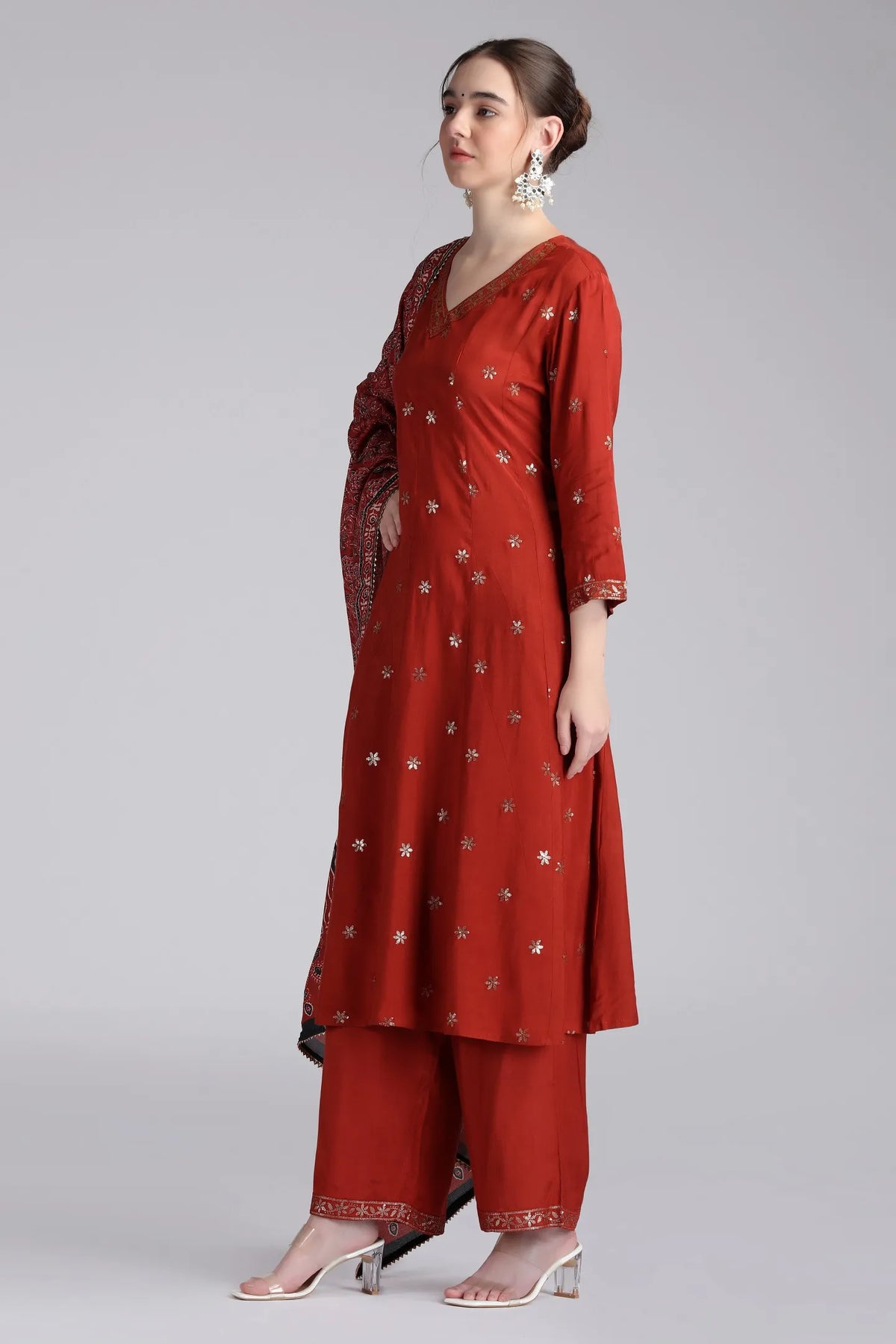 Rust Santoon Embroidered Flared Kurta Pant and Dupatta Suit Set