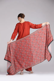 Rust Santoon Embroidered Flared Kurta Pant and Dupatta Suit Set