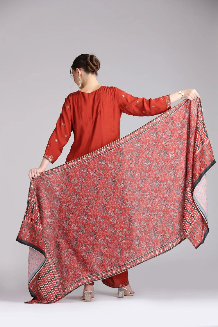 Rust Santoon Embroidered Flared Kurta Pant and Dupatta Suit Set