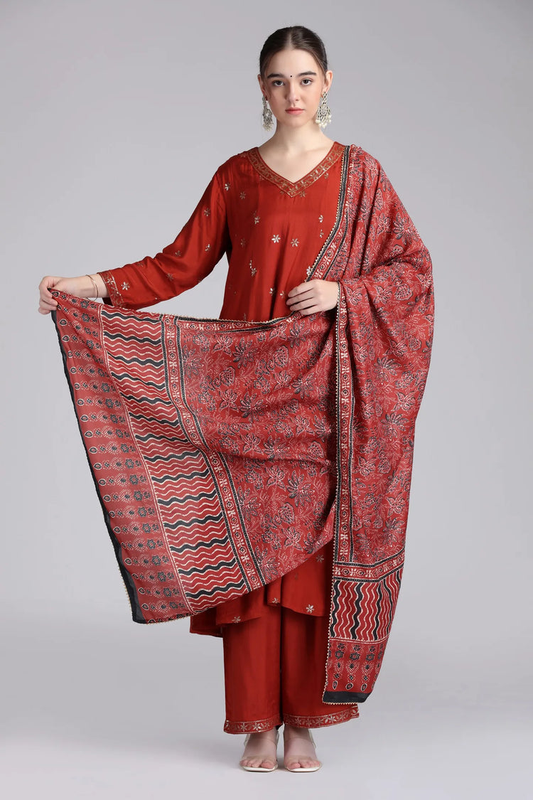 Rust Santoon Embroidered Flared Kurta Pant and Dupatta Suit Set