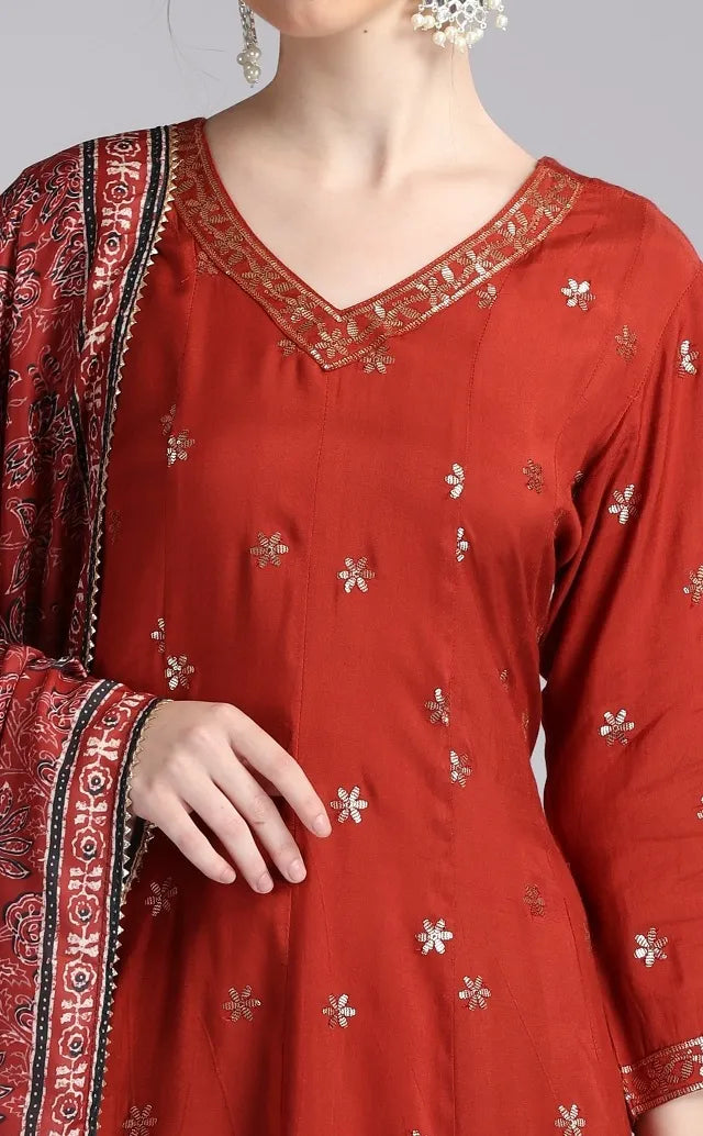 Rust Santoon Embroidered Flared Kurta Pant and Dupatta Suit Set