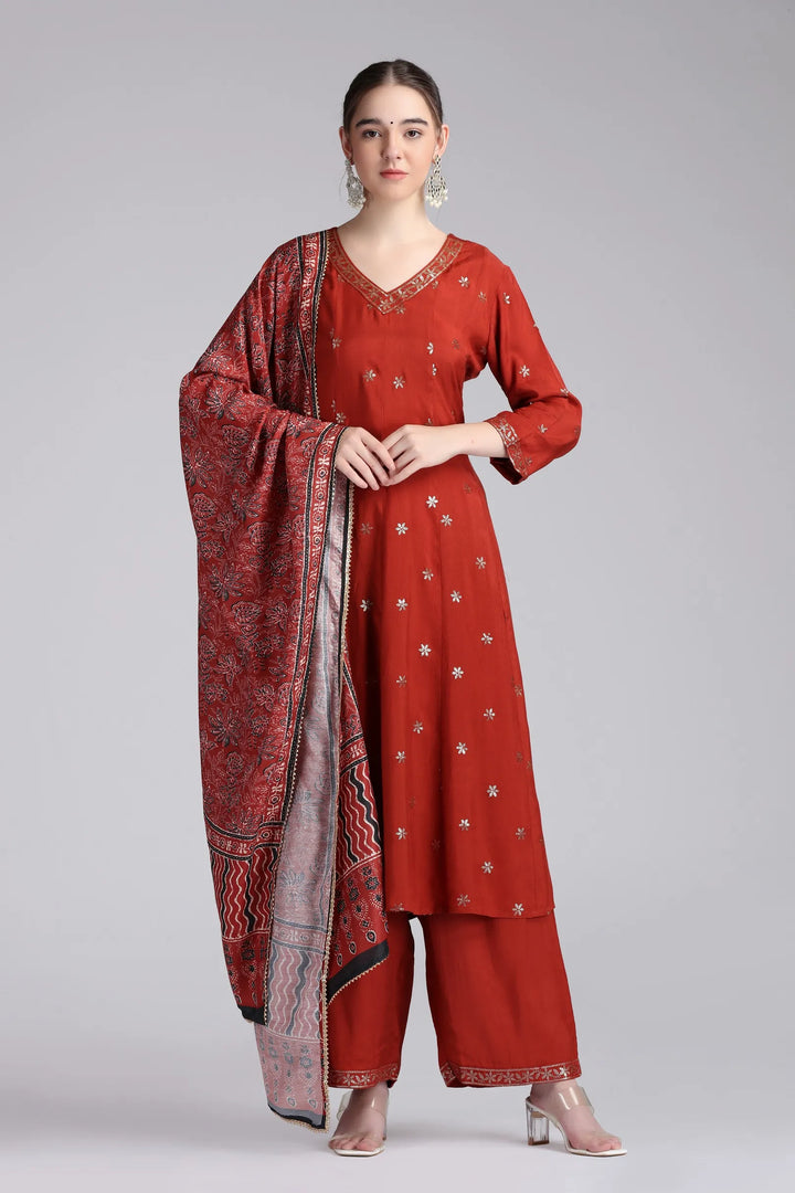 Rust Santoon Embroidered Flared Kurta Pant and Dupatta Suit Set