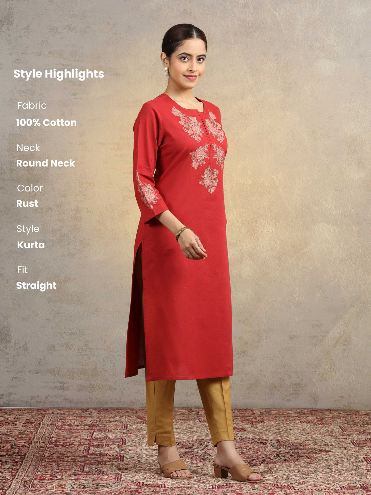 Rust Pure Cotton Floral Embroidered Straight Kurta