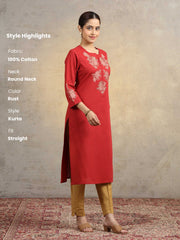 Rust Pure Cotton Floral Embroidered Straight Kurta