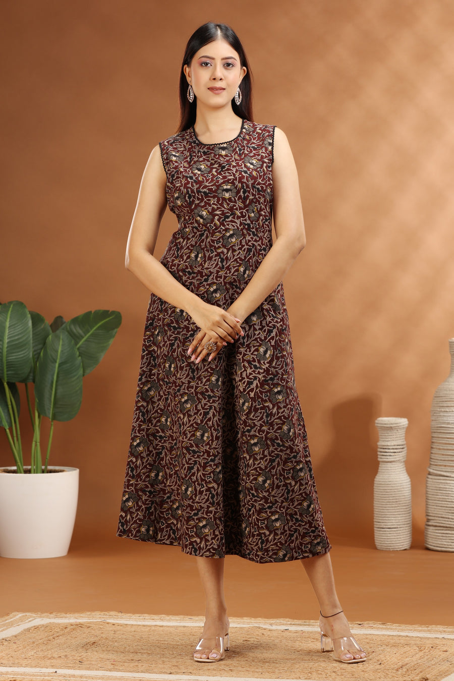 Dark Brown Cotton Printed A Line Sleeveless Kurta