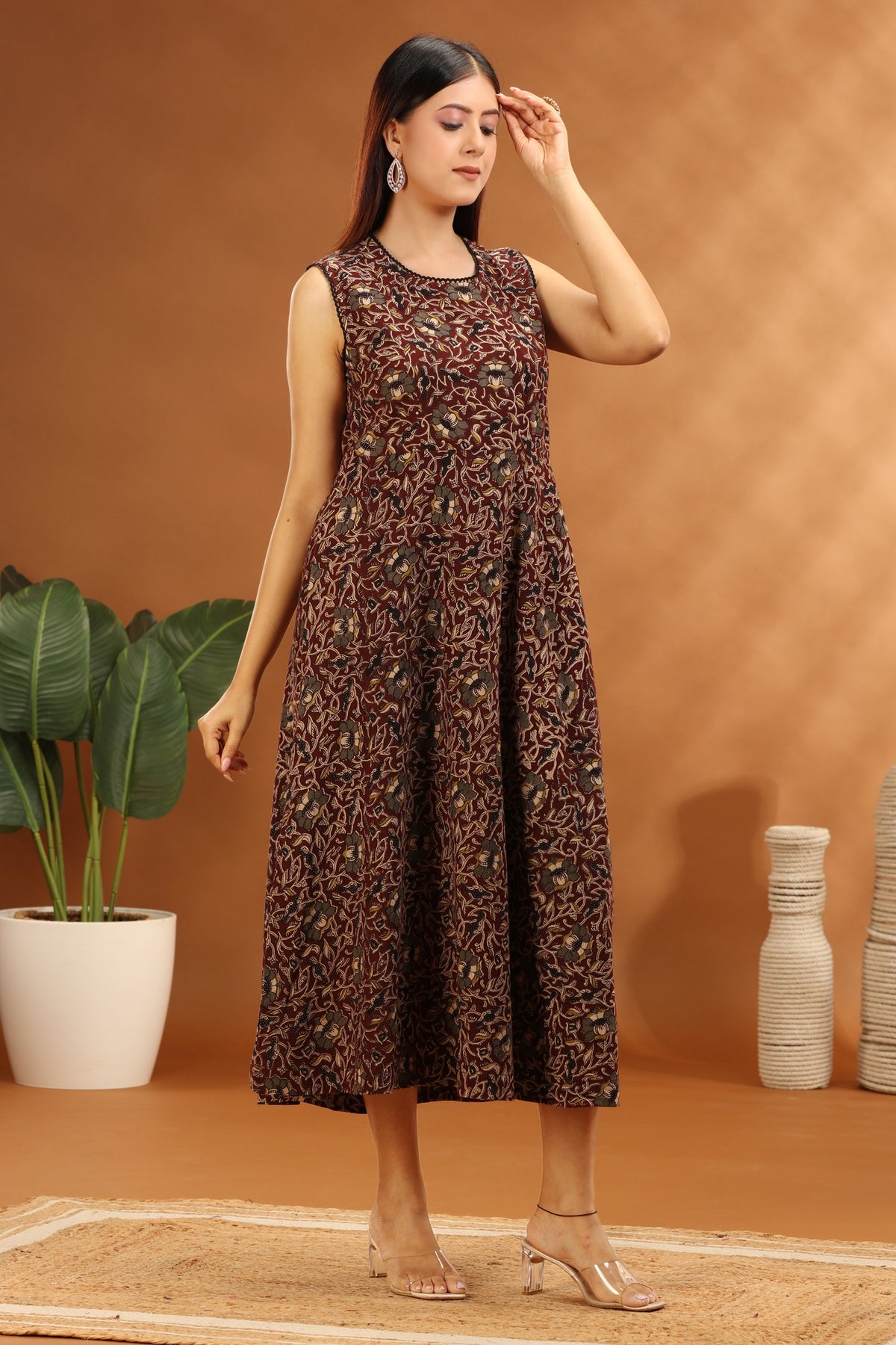 Dark Brown Cotton Printed A Line Sleeveless Kurta