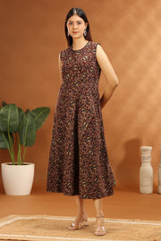 Dark Brown Cotton Printed A Line Sleeveless Kurta