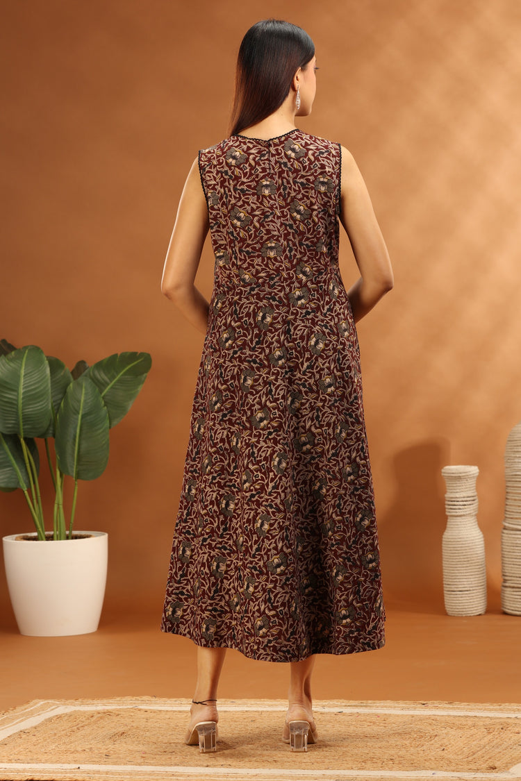 Dark Brown Cotton Printed A Line Sleeveless Kurta