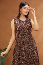 Dark Brown Cotton Printed A Line Sleeveless Kurta