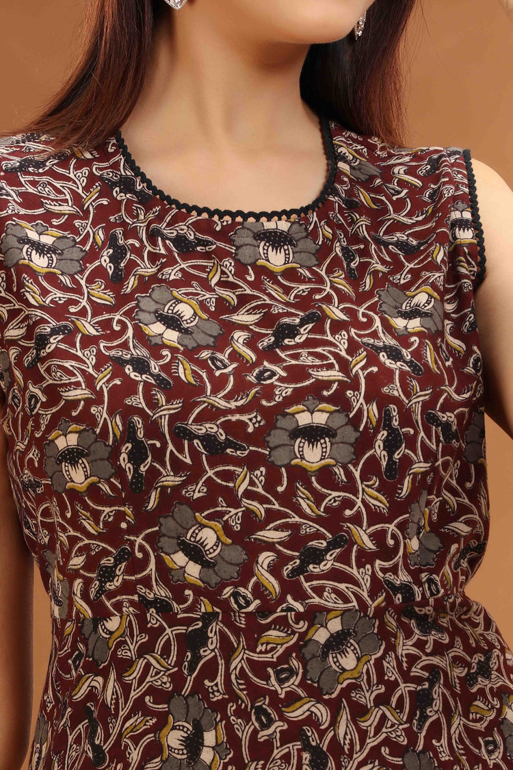 Dark Brown Cotton Printed A Line Sleeveless Kurta