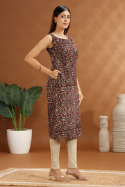Dark Brown Cotton Printed Straight Sleeveless Kurta