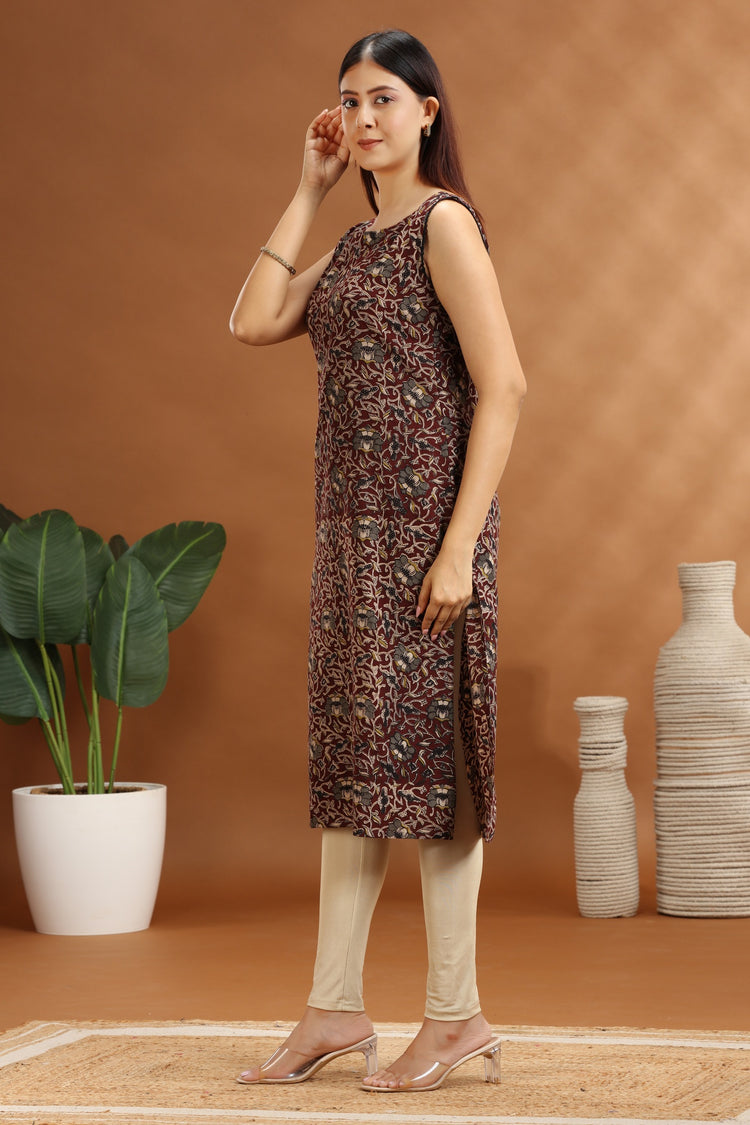 Dark Brown Cotton Printed Straight Sleeveless Kurta