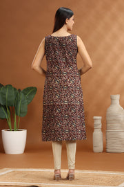 Dark Brown Cotton Printed Straight Sleeveless Kurta