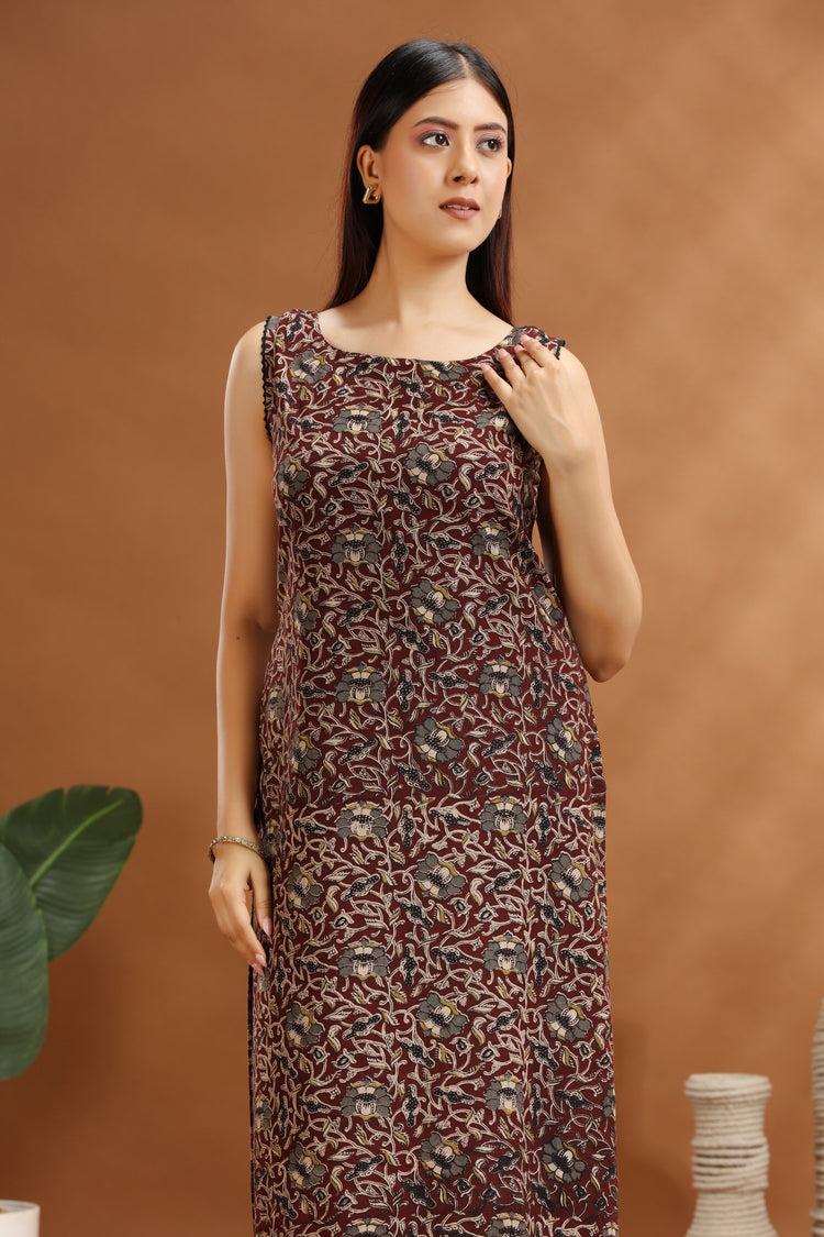 Dark Brown Cotton Printed Straight Sleeveless Kurta