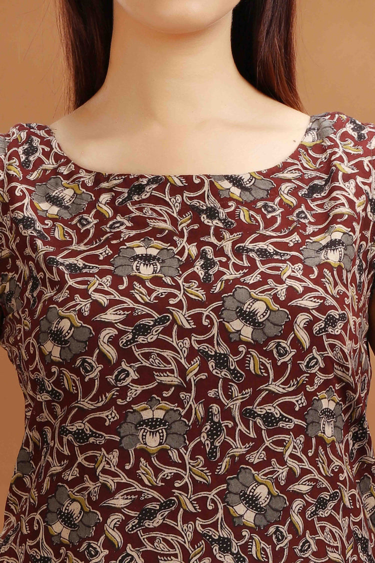 Dark Brown Cotton Printed Straight Sleeveless Kurta