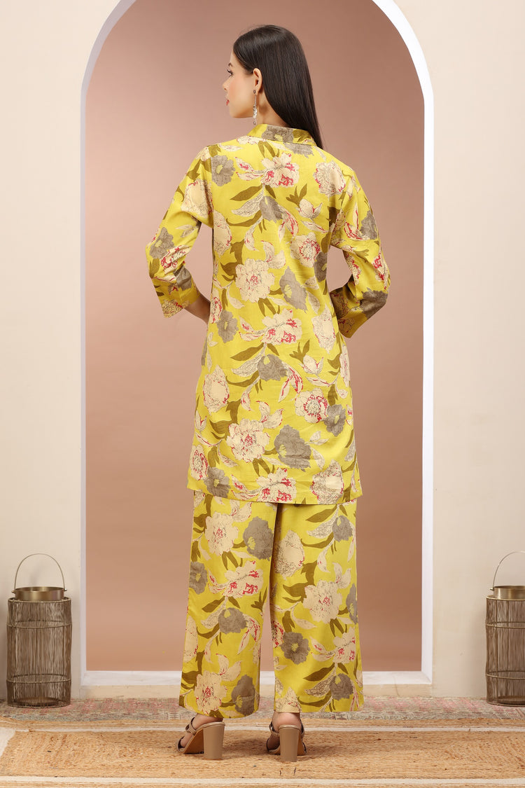 Yellow Cotton Printed Straight Kurta Pant Co ord Set