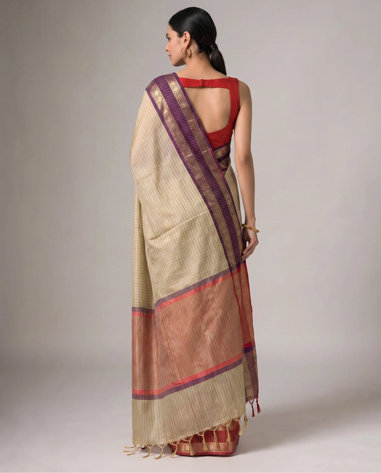 Beige Silk Woven Checks Saree With Purple and Red Border