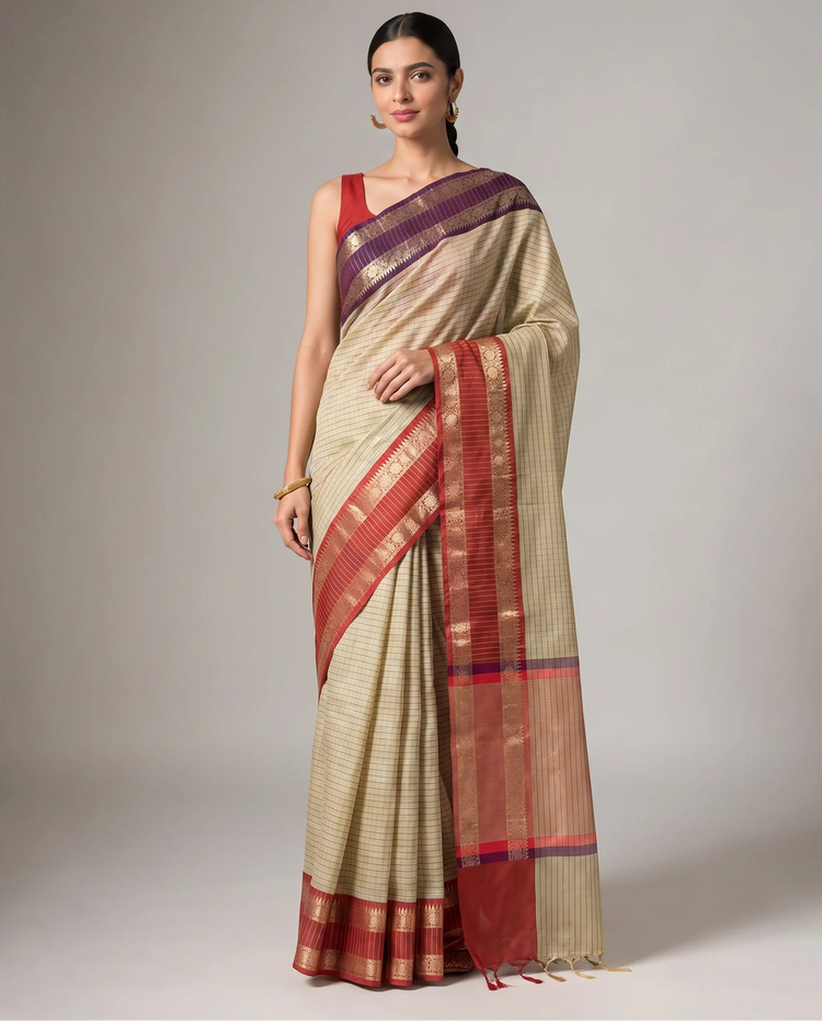 Beige Silk Woven Checks Saree With Purple and Red Border