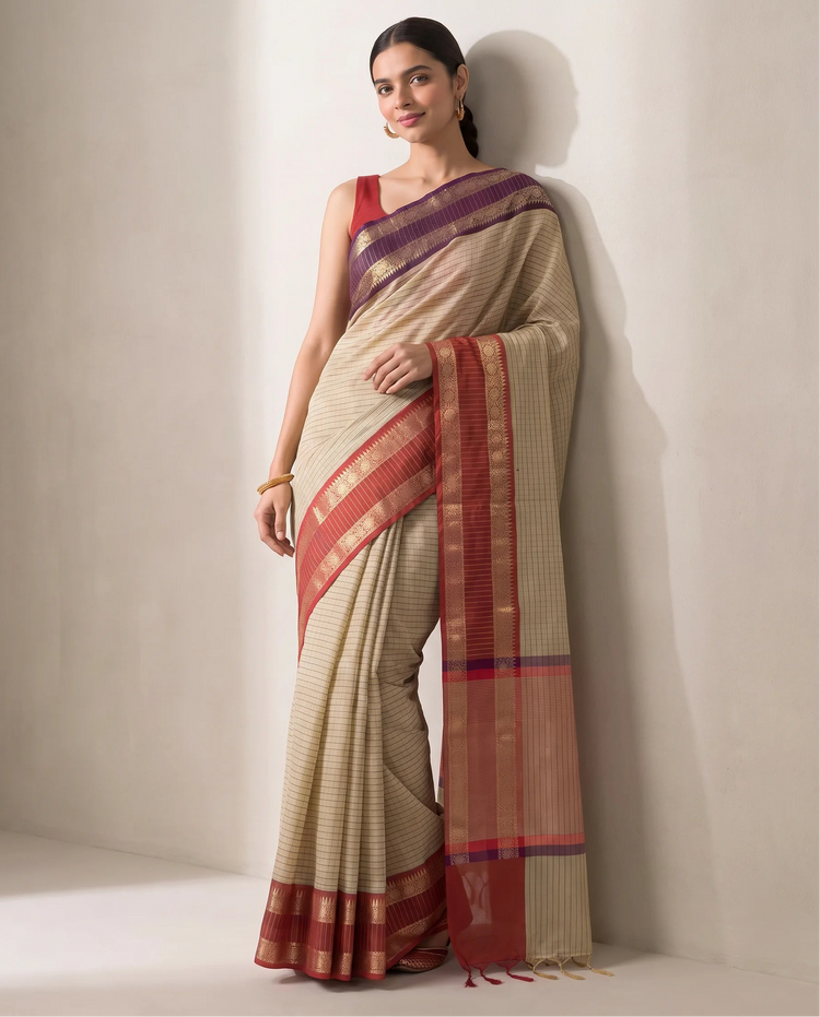Beige Silk Woven Checks Saree With Purple and Red Border
