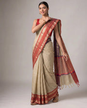 Beige Silk Woven Checks Saree With Purple and Red Border