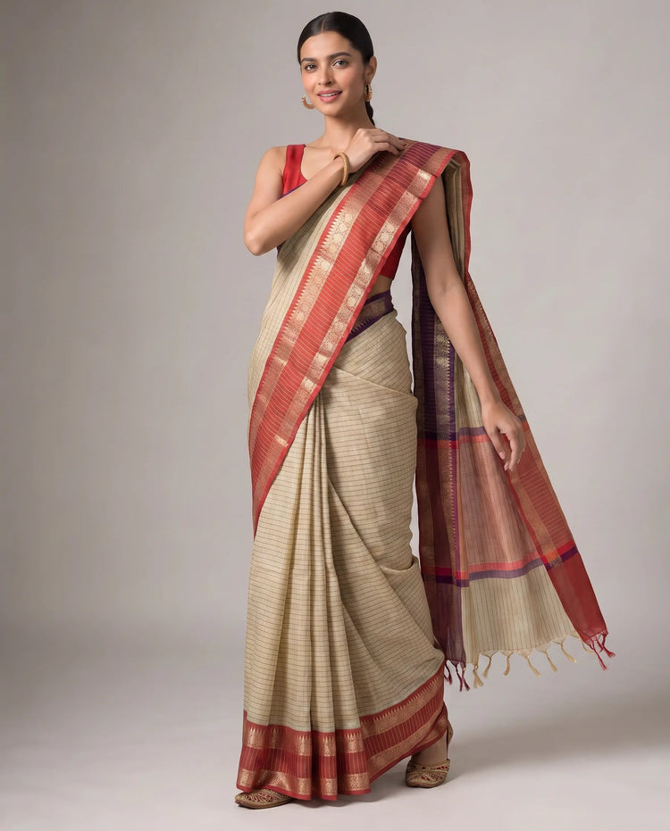 Beige Silk Woven Checks Saree With Purple and Red Border