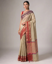 Beige Silk Woven Checks Saree With Purple and Red Border