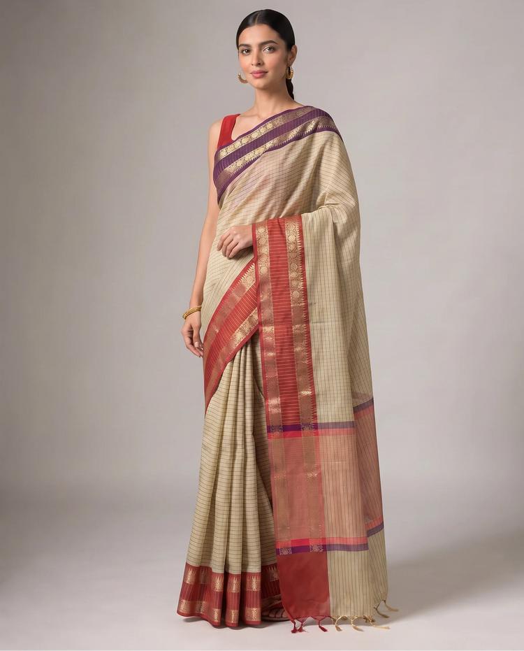 Beige Silk Woven Checks Saree With Purple and Red Border