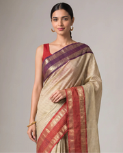 Beige Silk Woven Checks Saree With Purple and Red Border