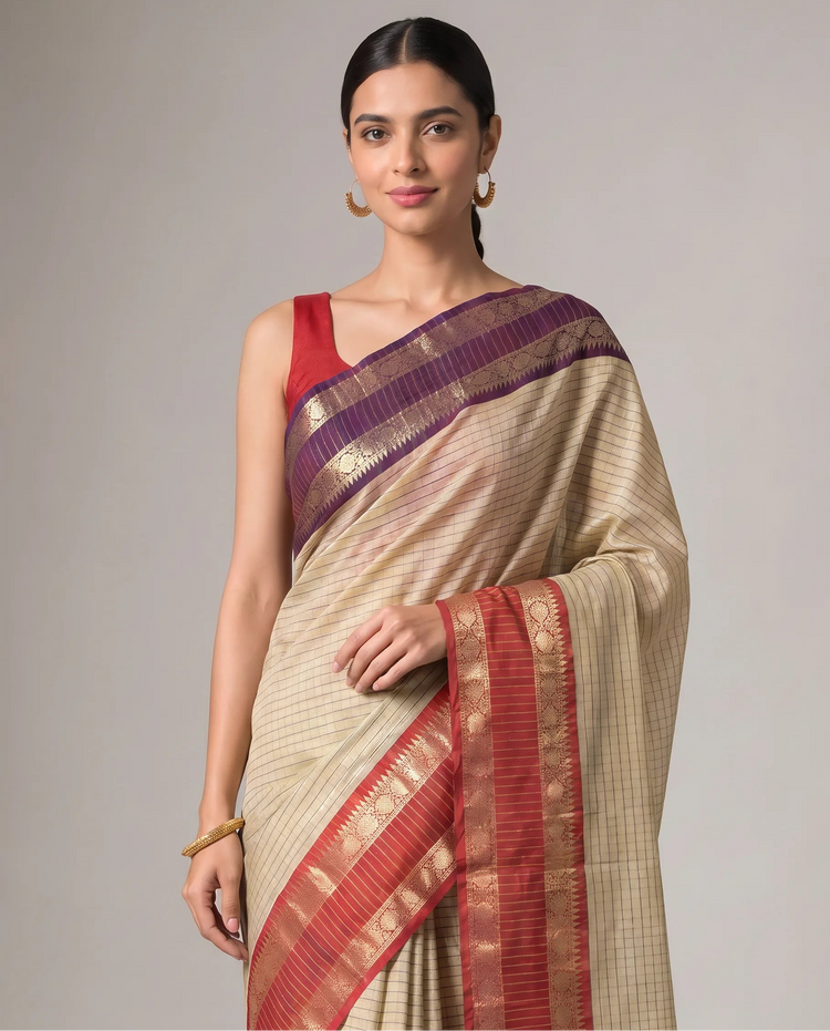 Beige Silk Woven Checks Saree With Purple and Red Border