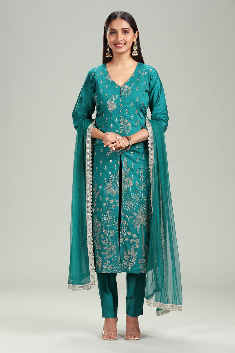 Bottle Green PolySilk A-Line Embroidered Kurta Pant Suit Set