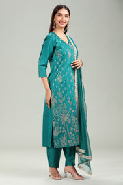 Bottle Green PolySilk A-Line Embroidered Kurta Pant Suit Set