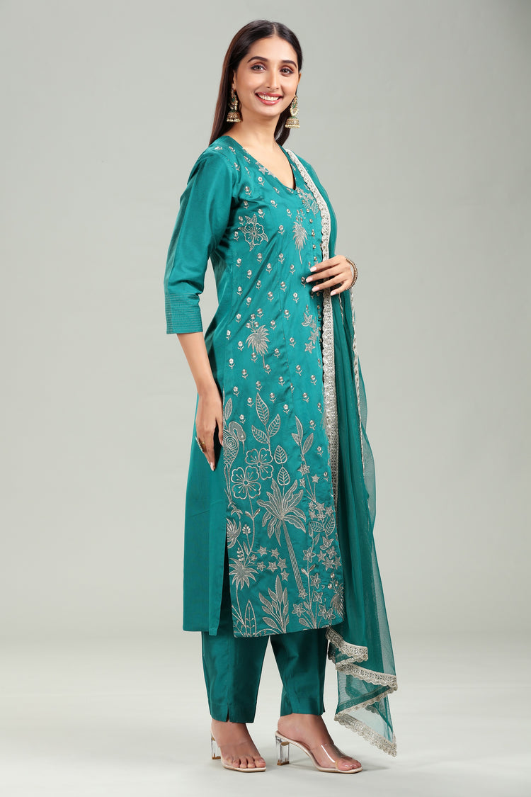 Bottle Green PolySilk A-Line Embroidered Kurta Pant Suit Set