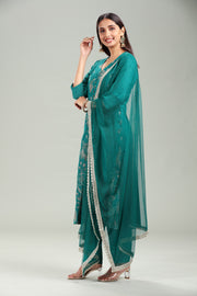 Bottle Green PolySilk A-Line Embroidered Kurta Pant Suit Set