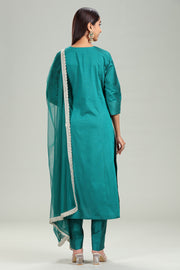 Bottle Green PolySilk A-Line Embroidered Kurta Pant Suit Set