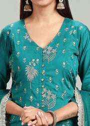 Bottle Green PolySilk A-Line Embroidered Kurta Pant Suit Set