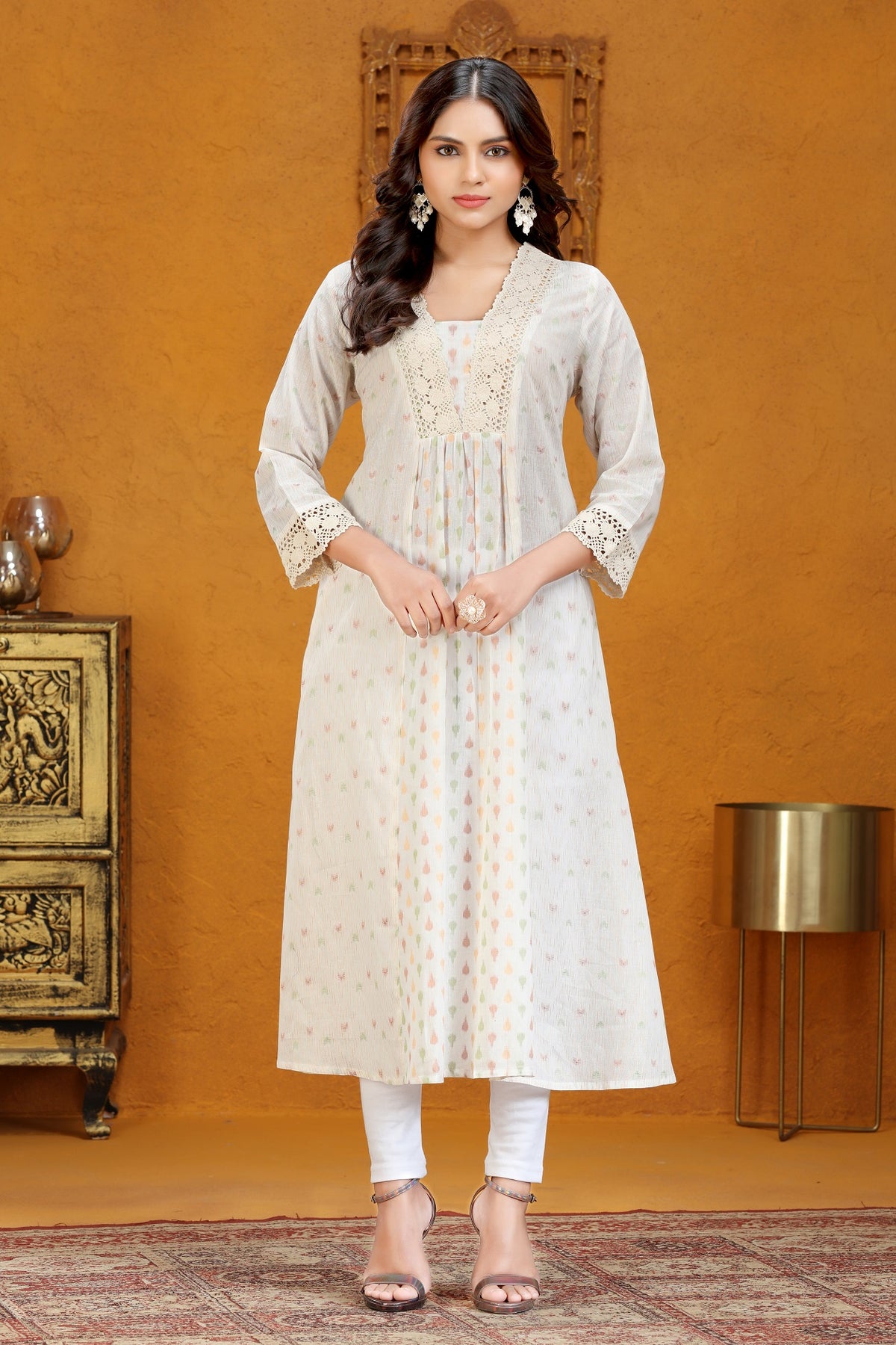 Off White Cotton Jacquard Flared Yarndyed Kurta for women / girl
