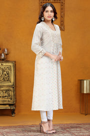Off White Cotton Jacquard Flared Yarndyed Kurta for women / girl
